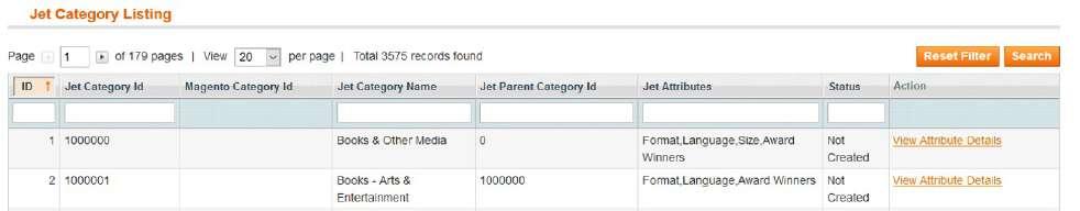 The Jet Category Listing page appears as shown in the following figure: This page lists all the Jet category details and the corresponding mapped Magento Category Id.