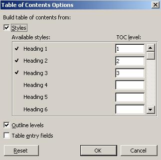 6. Click on the Options button. The Table of Contents Options box displays.