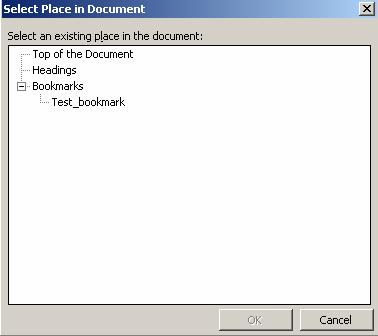 8. To link the selection to a bookmark within the document, click on the Bookmark button. The Select Place in Document box displays.