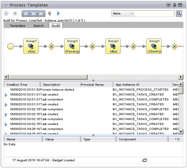 Process Views Gadget 71 1. From the Process Views gadget, select the process template whose audit trail you want to display. In the pane below, the process instances for that template are displayed.