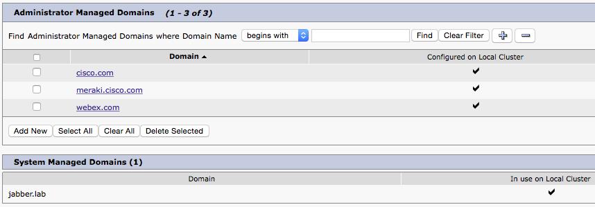 Creation of Multiple IM Address Domains Domains get added in the database by: IM/Presence Service which parses the domain in each active user s Directory URI