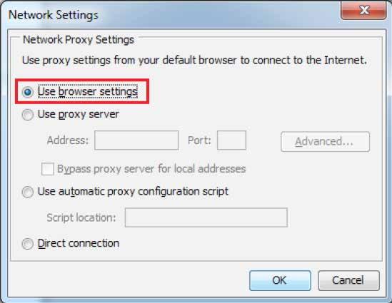 Network Settings Choose the option Use browser settings.