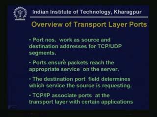 (Refer Slide Time: 29:23) - Port numbers work as source and destination addresses for TCP/UDP segments. - Ports ensure packets reach appropriate service on the server.