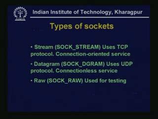 (Refer Slide Time: 41:45) There are three types of sockets: - Stream: It uses a TCP protocol. Stream socket is a connection oriented service. So, naturally you cannot use stream socket with UDP.
