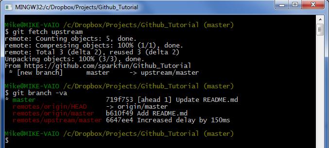 git remote add upstream https://github.com/sparkfun/github_tutorial.git - add a remote endpoint to grab code differences from.