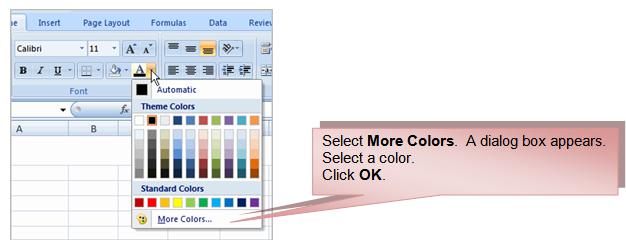 19 THE PNP BASIC COMPUTER ESSENTIALS e-learning (MS Excel 2007) To Change the Text Color: Select the cell or cells you