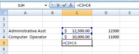 Type the addition sign (+) to let Excel know that an add operation is to be performed. Type the cell address that contains the second number to be added (C4, for example).
