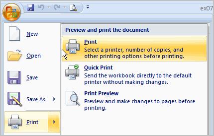 34 THE PNP BASIC COMPUTER ESSENTIALS e-learning (MS Excel 2007) To Print from the Microsoft Office Button: Left-click the Microsoft Office Button. Select Print Print.