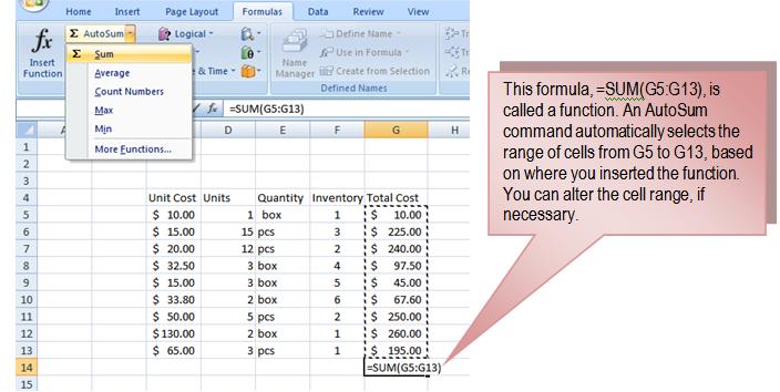 41 THE PNP BASIC COMPUTER ESSENTIALS e-learning (MS Excel 2007) To Calculate the Sum of a Range of Data Using AutoSum: Select the Formulas tab.