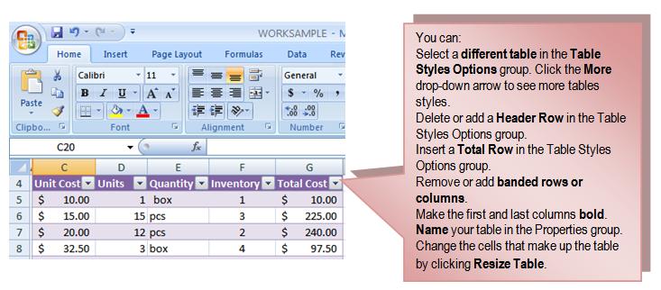49 THE PNP BASIC COMPUTER ESSENTIALS e-learning (MS Excel 2007) To Modify a Table: Select any cell in the table. The Table Tools Design tab will become active.