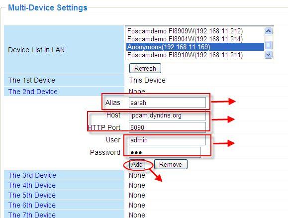 If you have several cameras, you can use the same DDNS domain name; you only need to set a different port number for each camera. Click Multi-Device Settings. Choose The 2nd Device.