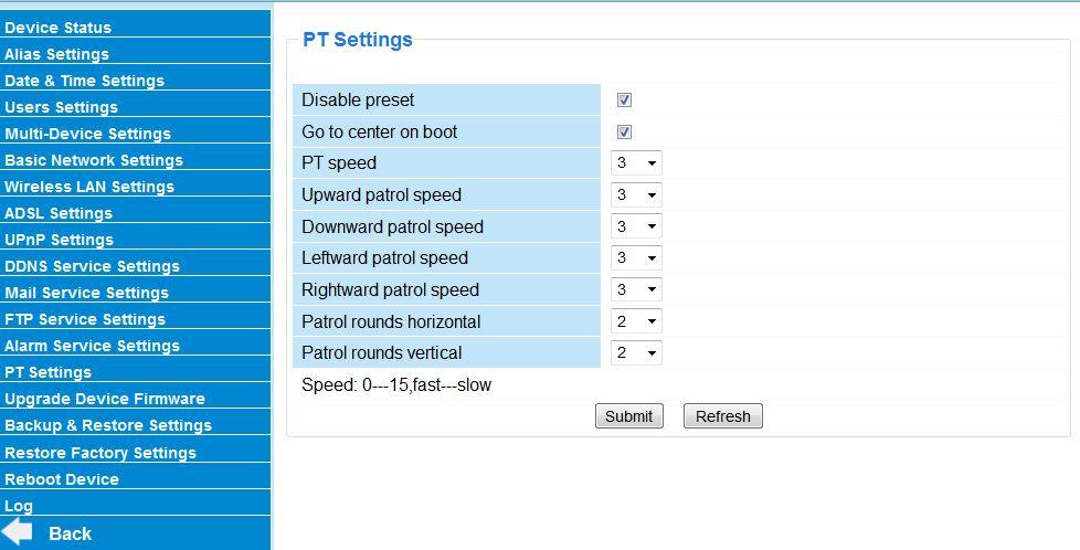 3.14 PT Settings You can set pan/tilt speed. Normally, PT speed is 3. The larger the setting number, the lower speed.