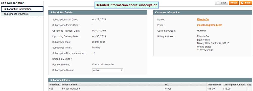 From here, admin can change the status of the subscription.