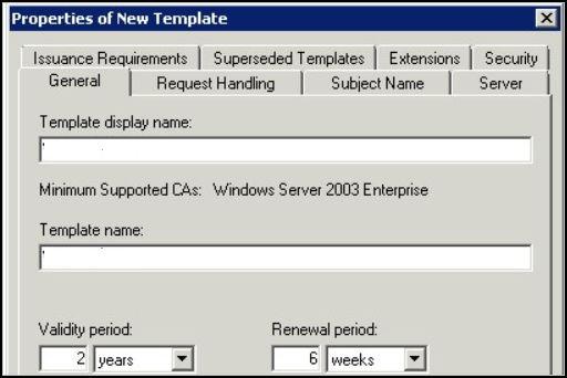 Chapter 4 Implementing Mobile Single Sign-in Authentication for AirWatch -Managed ios Devices Figure 4 1. Active Directory Certificate Services Properties of New Template Dialog Box General tab.