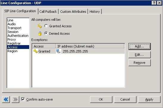 Figure 6: Access Menu Line Configuration Page (note the 255.255.255.255 address is a sample, and the actual number should be respective to customer needs) 2.1.8.