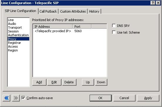 2.1.6 Proxy Menu Figure 5: Proxy Menu Line Configuration Page 2.1.6.1 Prioritized list of Proxy IP addresses Telepacific will supply the customer with an IP address to which all signaling must be directed.