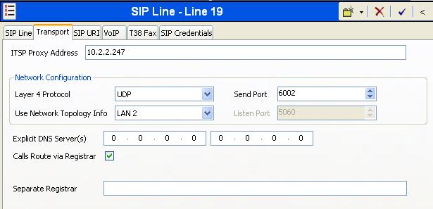Navigate to the Transport tab and set the following: Set the ITSP Proxy Address to the IP address of the CenturyLink SIP Proxy provided by CenturyLink. Set the Layer 4 Protocol to UDP.