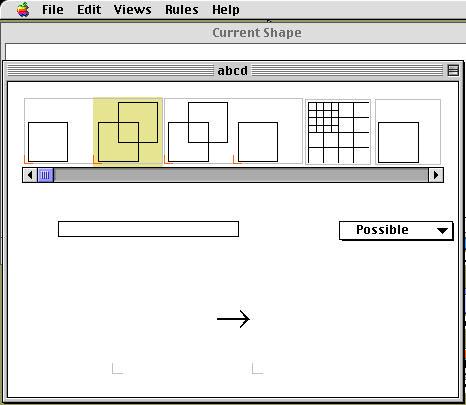 The screen after double-clicking on the file abcd in the Examples folder The abcd window is a grammar window containing several rules; the Current Shape window is empty.