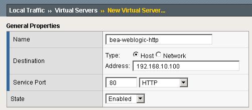 Manually Configuring the BIG-IP LTM System for BEA WebLogic Figure 2.4 Creating the WebLogic virtual server 7. From the Configuration list, select Advanced. The Advanced configuration options appear.