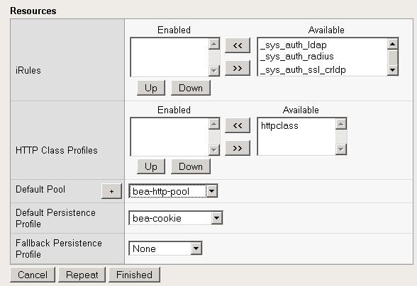 14. From the Default Persistence Profile list, select the persistence profile you created in the Creating persistence profile section. In our example, we select bea-cookie. Figure 2.