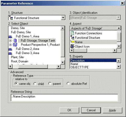 Section 2 Configuration Aspect Property/Parameter References Aspect Property Reference Use the Property Reference dialog to define the Reference String for the required aspect property.