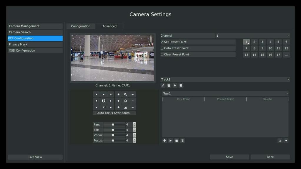Route: Main Menu Camera PTZ Configuration, select Advanced page User Manual 1. Presets Point Setup Preset can be set to move your PTZ camera to a desired preset location.