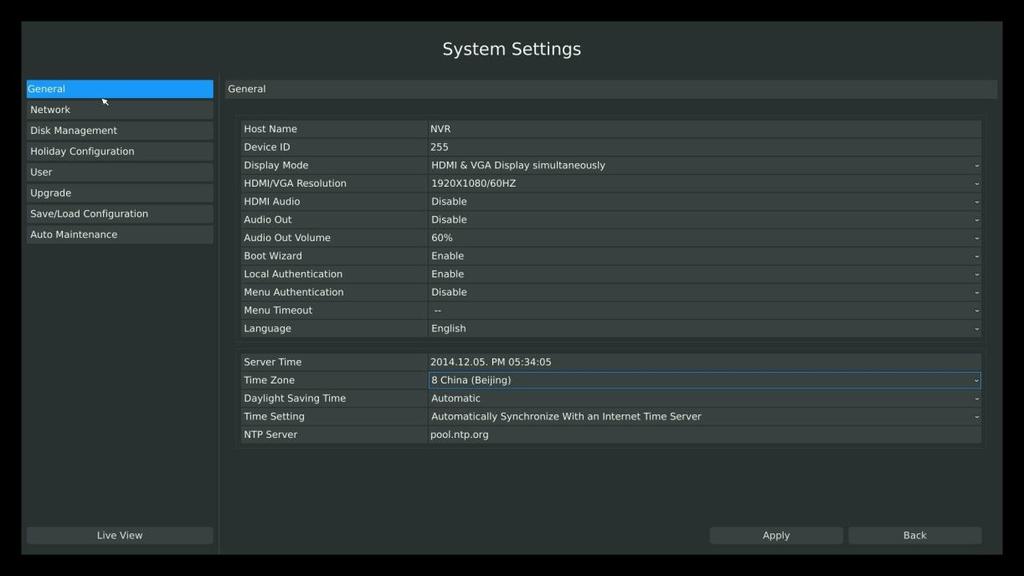 3.8 System Settings 3.8.1 General Setting Step: Enter general menu by clicking Main Menu System Settings General To setup the general