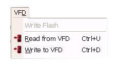 Write Flash - Allows a binary file to be written to VFD flash memory. (FACTORY USE ONLY) Read from VFD - Loads all parameter values from the VFD to memory.