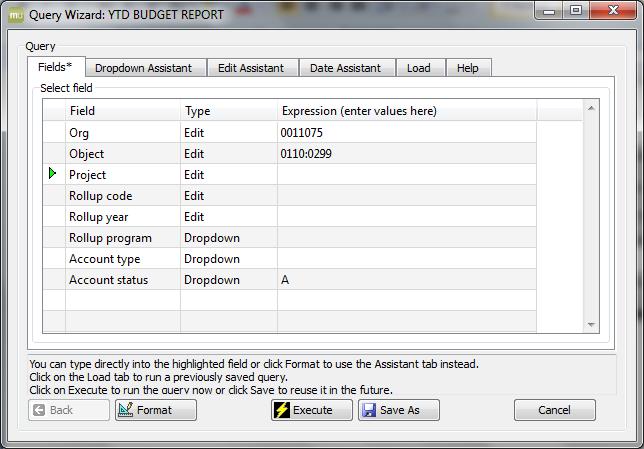 Query Wizard Build & Save a Query In this example we will build a query and save it. 1. Open the YTD Budget Report found in Departmental Functions. 2.
