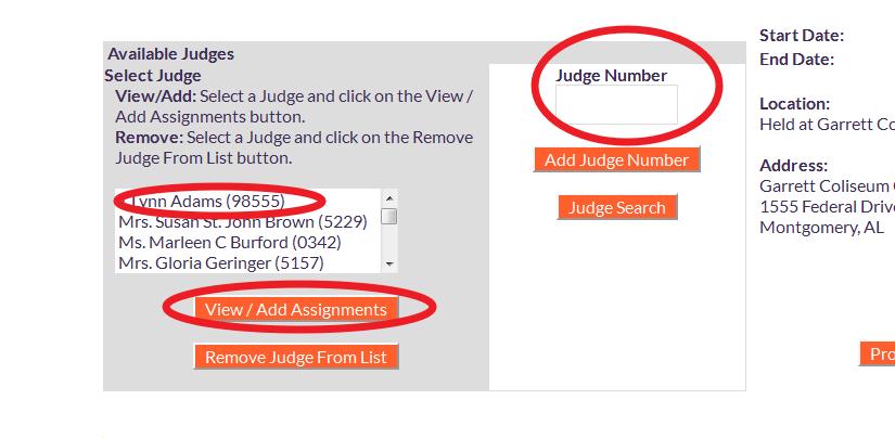 A judge must be added to the list of Available Judges before they can be assigned.