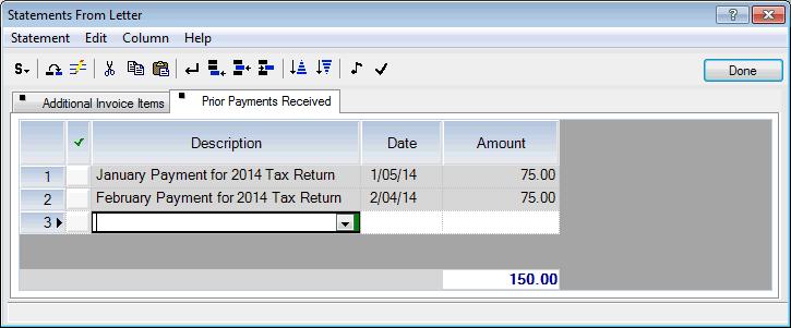 Click the Open Statement Tab button and select Prior Payments Received from the drop-down list.