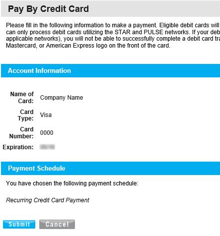 RECURRING Pay CREDIT Your CARD Bill PAYMENT Clicking Next will load a confirmation request screen similar to image 3.