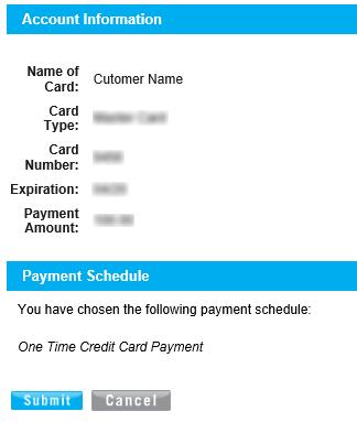 ONE-TIME CREDIT/DEBIT Pay Your Bill CARD PAYMENT Clicking Next will load a confirmation request screen similar to image 4.. Image 4.