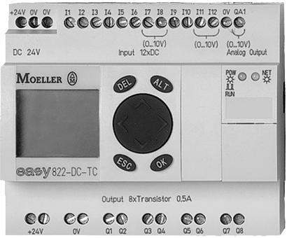The easy400 control relay Eight inputs, four relay or transistor outputs. In all the DC versions, there is the option of two analog inputs.