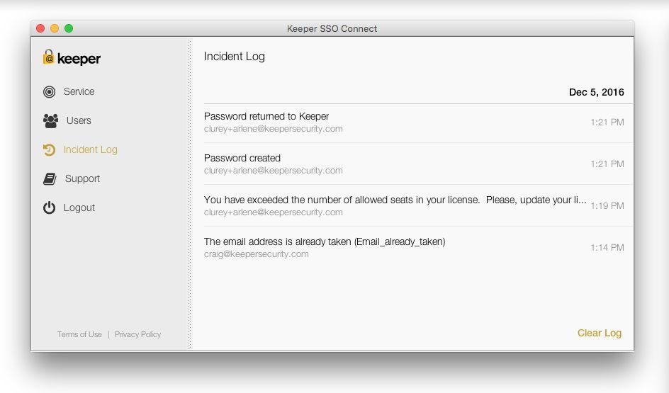 Logging and Monitoring The Keeper SSO Connect "Incident Log" screen contains all activity, such as new account creation and