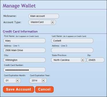 8 Manage Wallet This feature is optional and allows the user to save credit card information so it does not need to be entered every time a payment is made.