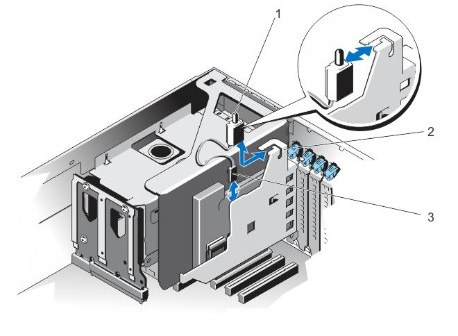 Figure 12. Removing and Installing the Chassis Intrusion Switch 1. chassis intrusion switch 2. NDC riser (riser 1) 3.