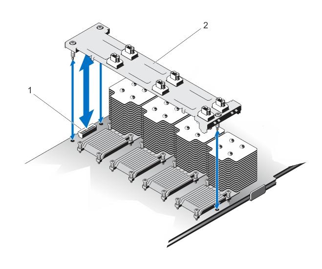 Figure 27. Removing and Installing the Fan Tray 1. fan tray connector 2. fan tray Installing The Fan tray 1. Align the fan tray with the connector and the screw holes on the system board. 2. Lower the fan tray and ensure that the fan tray connector engages with the connector on the system board.