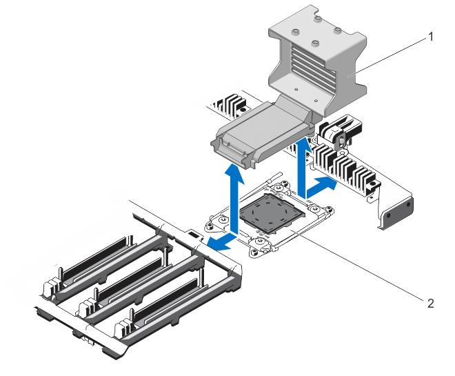 5. Press the heat sink release tabs located at the back of the blank. 6. Lift the heat sink blank out of the system. Figure 42. Removing and Installing the Heat Sink Blank 1. heat sink blank 2.