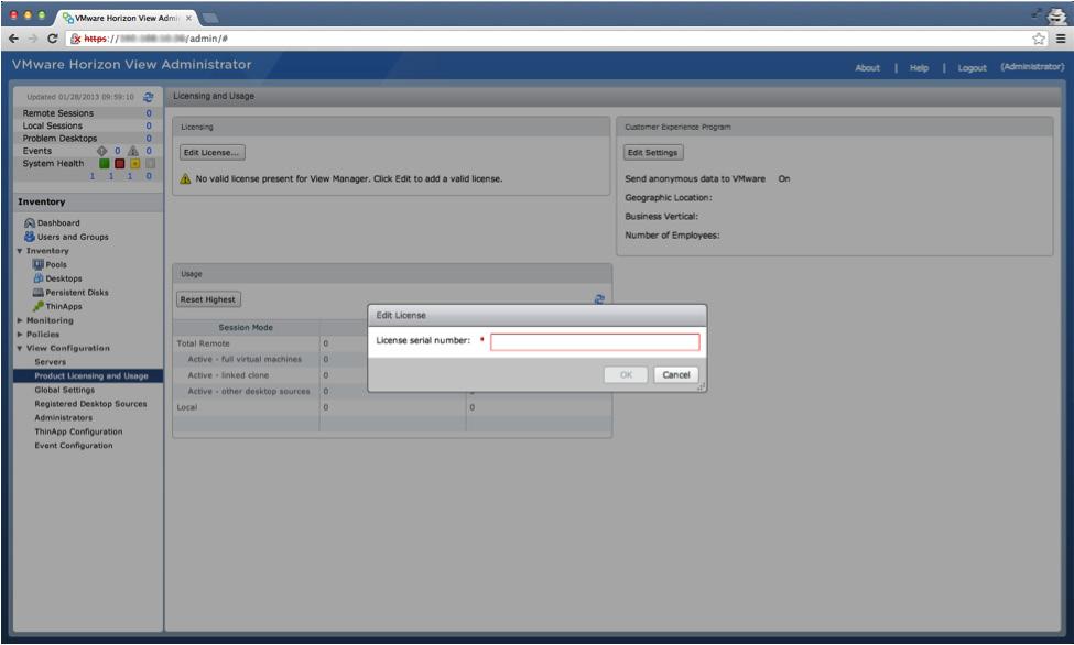 3. Enter a valid license serial number in the popup box. When finished click OK. You have now licensed VMware Horizon View.