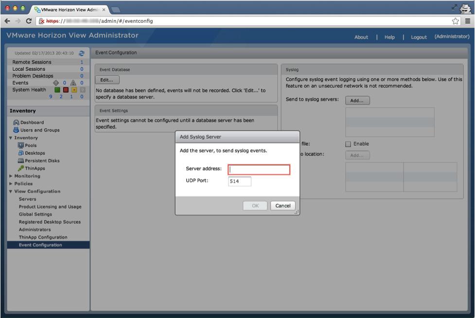 2. A popup box appears with the fields Server address and UDP Port for your target Syslog Server.