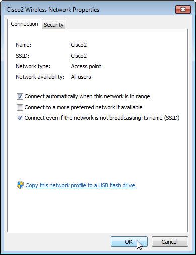 k. Select the check box Connect even if the network is not broadcasting its name (SSID), then click OK. l. View wireless networks associated with the wireless adapter configured for the computer.