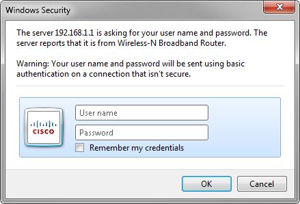 Step 3: Logging into the Wireless Router a. Open a web browser, type the IP address of your default gateway in the URL field, and then press Enter. b. The Windows Security window opens.