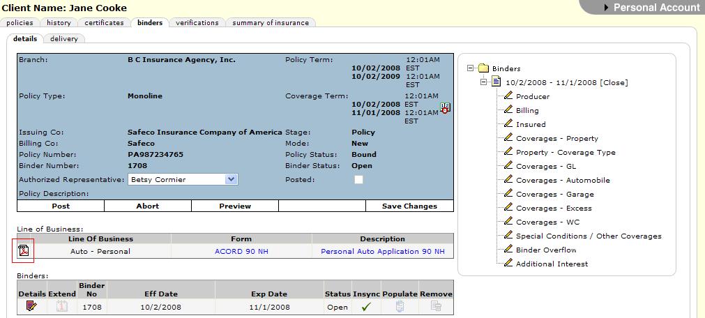 Overflow pages. Click the Line of Business PDF icon to display a PDF of the client s line of business application in a new window for comparison to the binder detail.