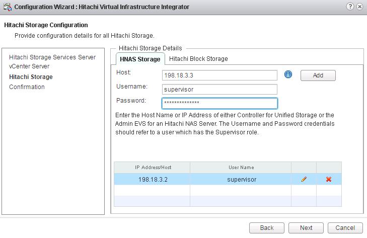7. To configure block storage, click the Hitachi Block Storage tab. a.