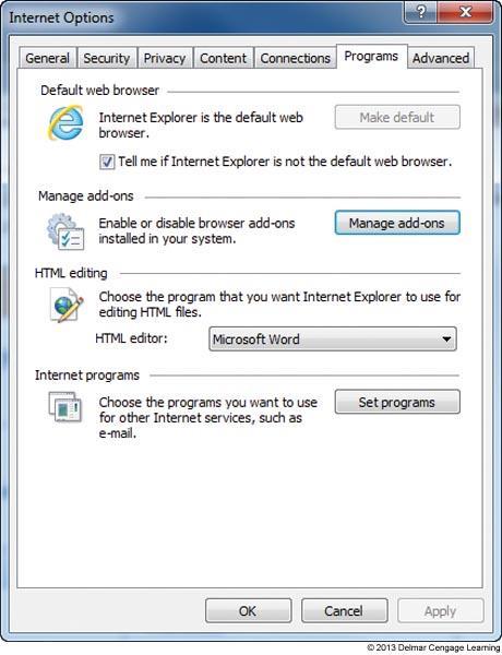 Internet Explorer Programs Tab Used to manage addons Add-ons: small apps that help IE display multimedia content, manage email,