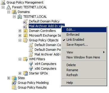 4. A new Group Policy Object named Mail Archiver Add-In x86 is now shown in the tree on the lefthand side. Right-click this object and select Edit as shown below: 5. From here: a.