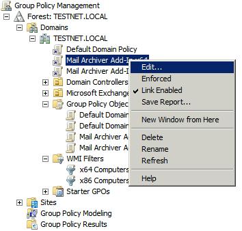 4. A new Group Policy Object named Mail Archiver Add-In x64 is now shown in the tree on the lefthand side. Right-click this object and select Edit as shown below: 5. From here: a.