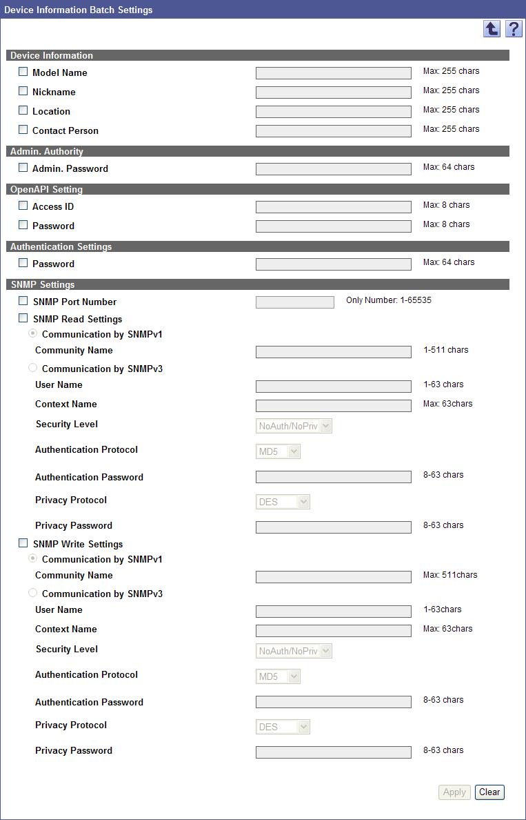 Device List The Device Information Batch Settings page appears. Select the check boxes for device information to be changed. Specify settings, and then click the [Apply] button.
