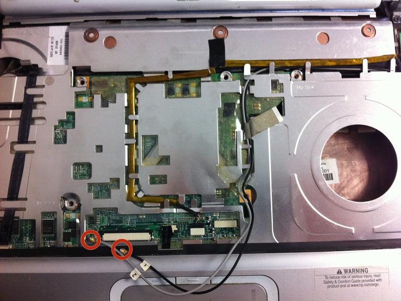 Upon removing the Phillips screws that secure the wireless card to the motherboard, the